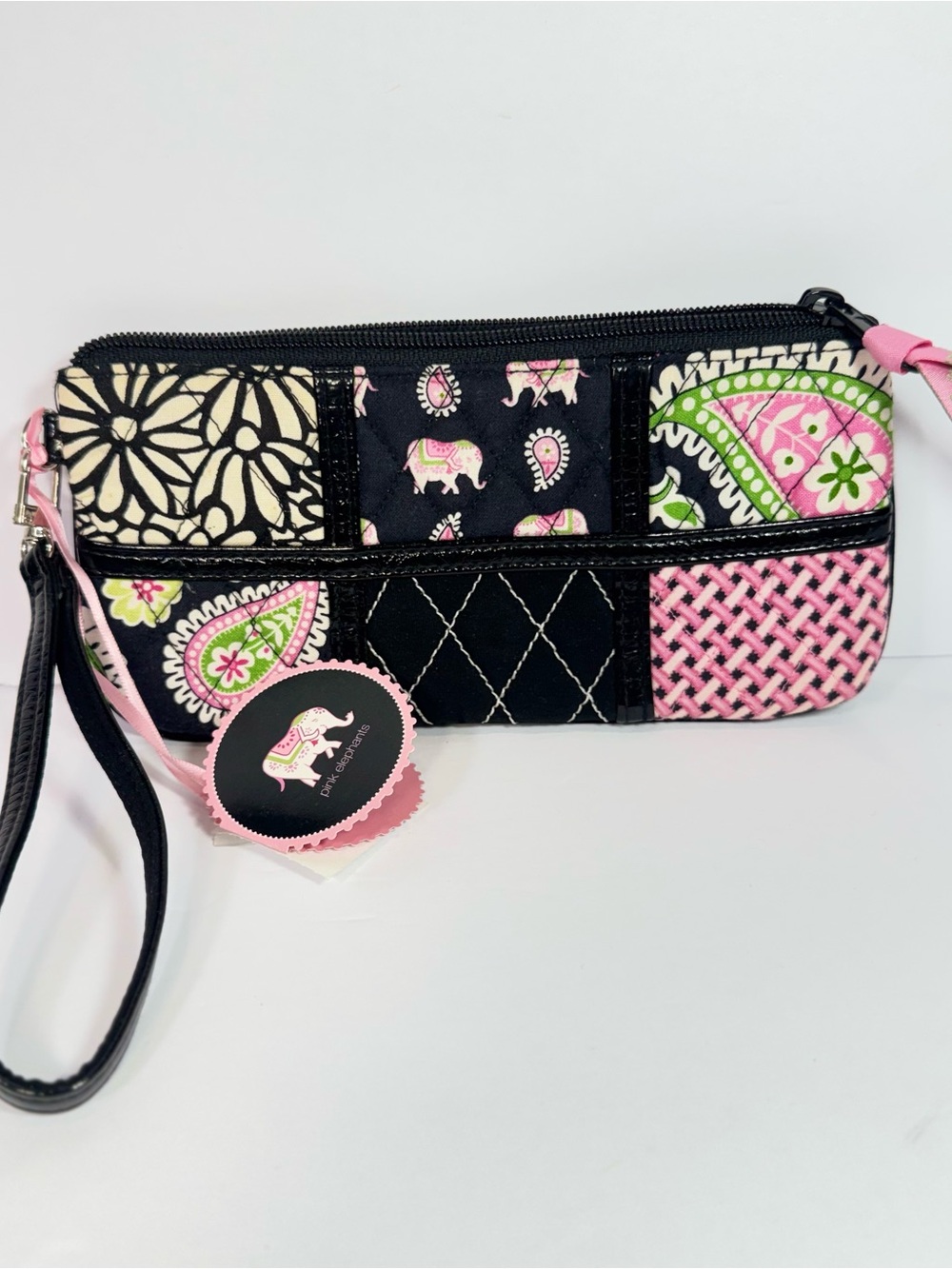 Vera Bradley Pink Elephants Ella Patchwork Wristlet Wallet Retired NWT paisley